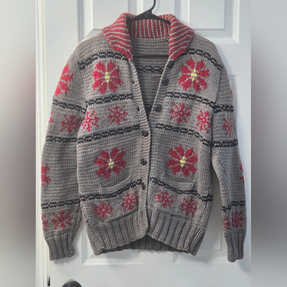 Vintage Hand Knit Gray and Red Floral Cardigan